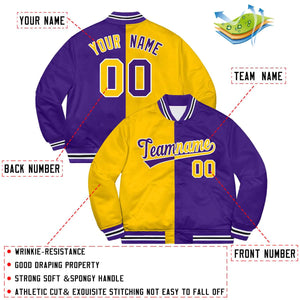 Custom Purple Gold-White Letterman Two Tone Split Fashion Bomber Varsity Jacket