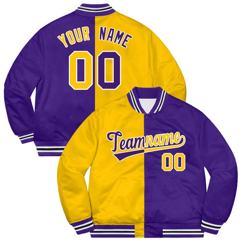 Custom Purple Gold-White Letterman Two Tone Split Fashion Bomber Varsity Jacket