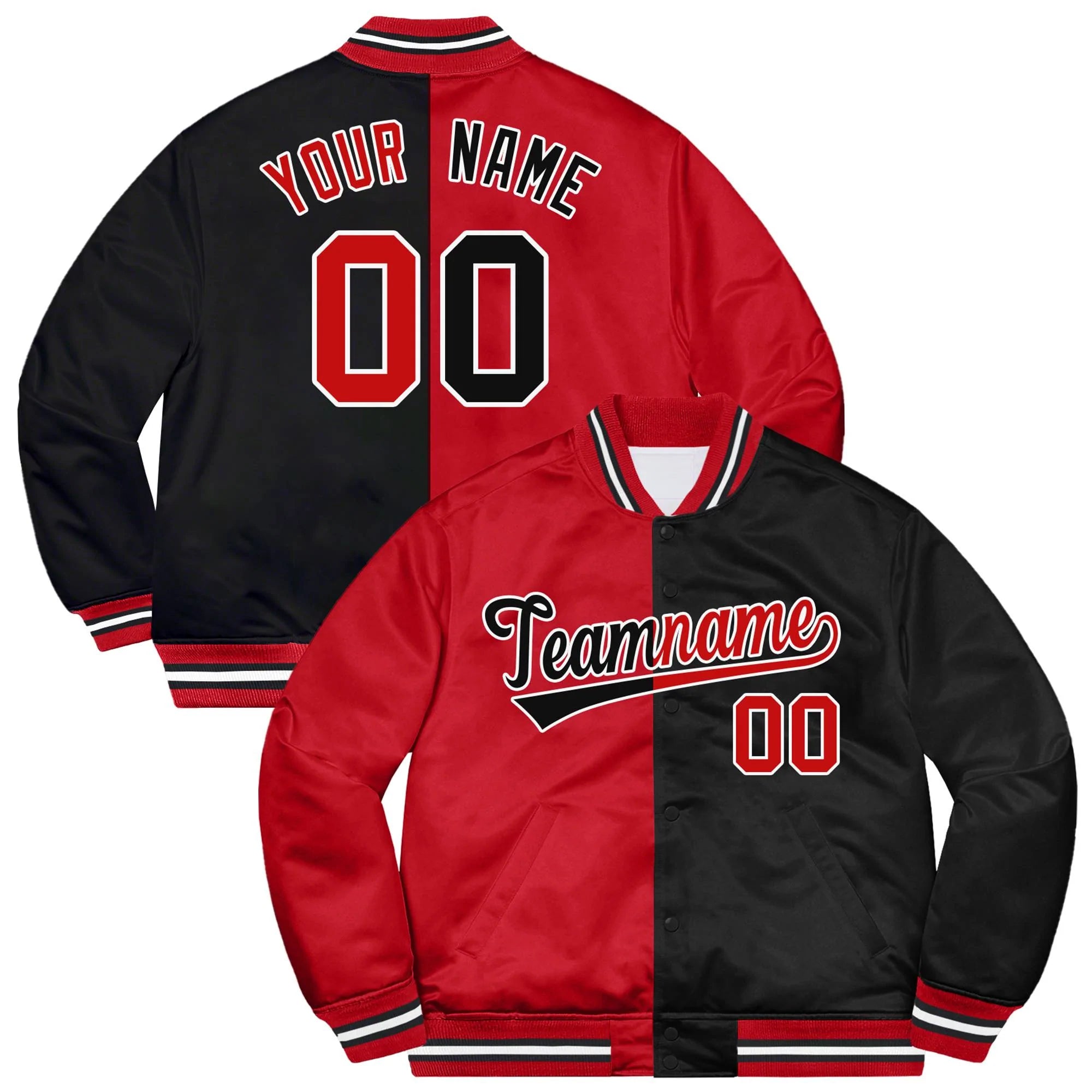 Custom Black Red-White Letterman Two Tone Split Fashion Bomber Varsity Jacket