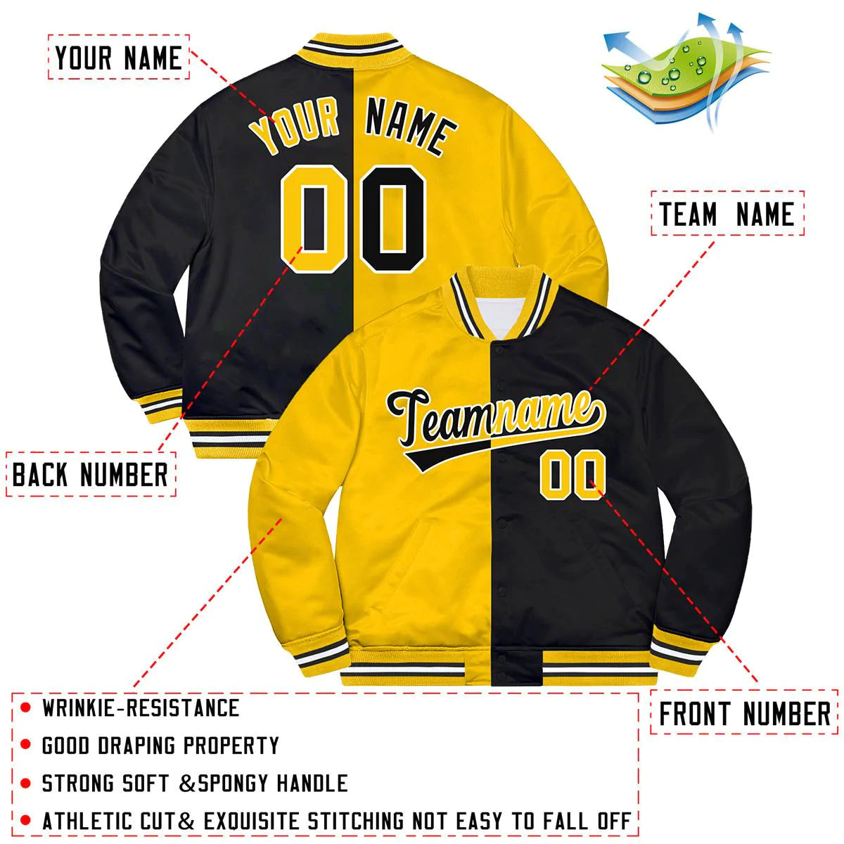 Custom Black Gold-White Letterman Two Tone Split Fashion Bomber Varsity Jacket