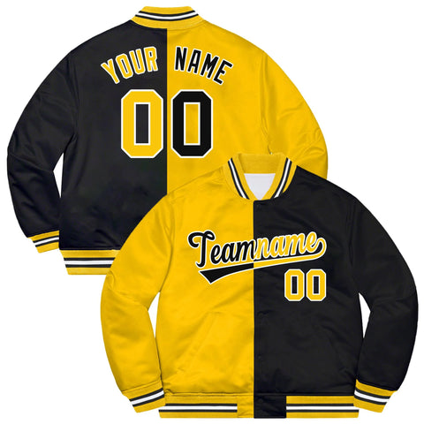 Custom Black Gold-White Letterman Two Tone Split Fashion Bomber Varsity Jacket