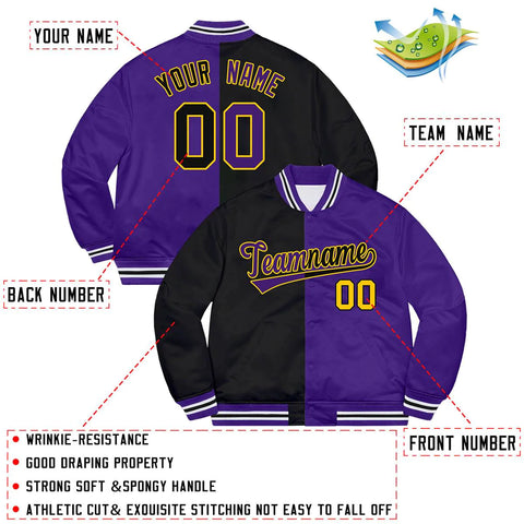 Custom Purple Black-Gold Letterman Two Tone Split Fashion Bomber Varsity Jacket