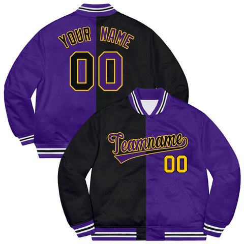 Custom Purple Black-Gold Letterman Two Tone Split Fashion Bomber Varsity Jacket