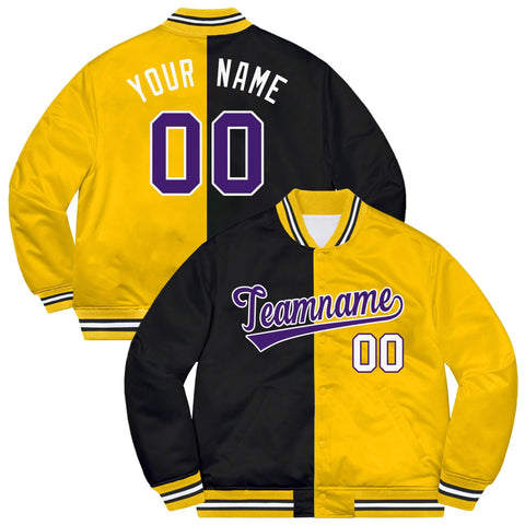 Custom Gold Black-Purple Letterman Two Tone Split Fashion Bomber Varsity Jacket