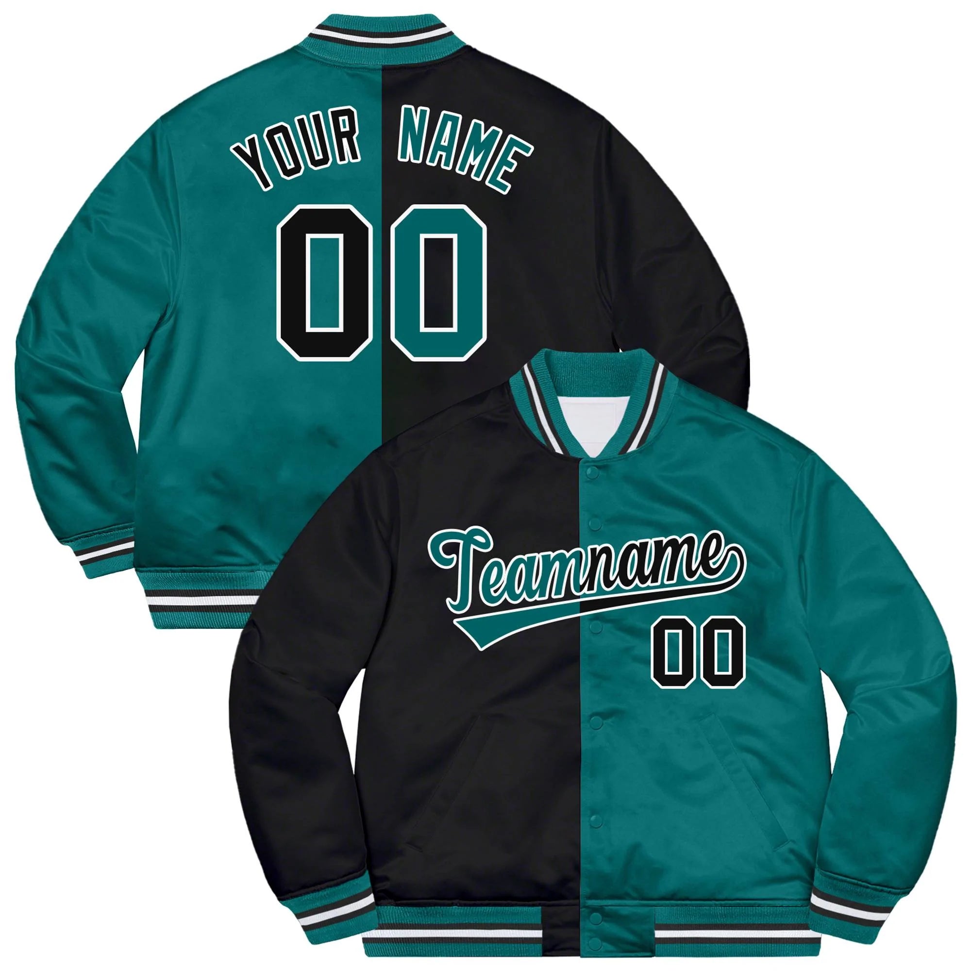 Custom Aqua Black-White Letterman Two Tone Split Fashion Bomber Varsity Jacket