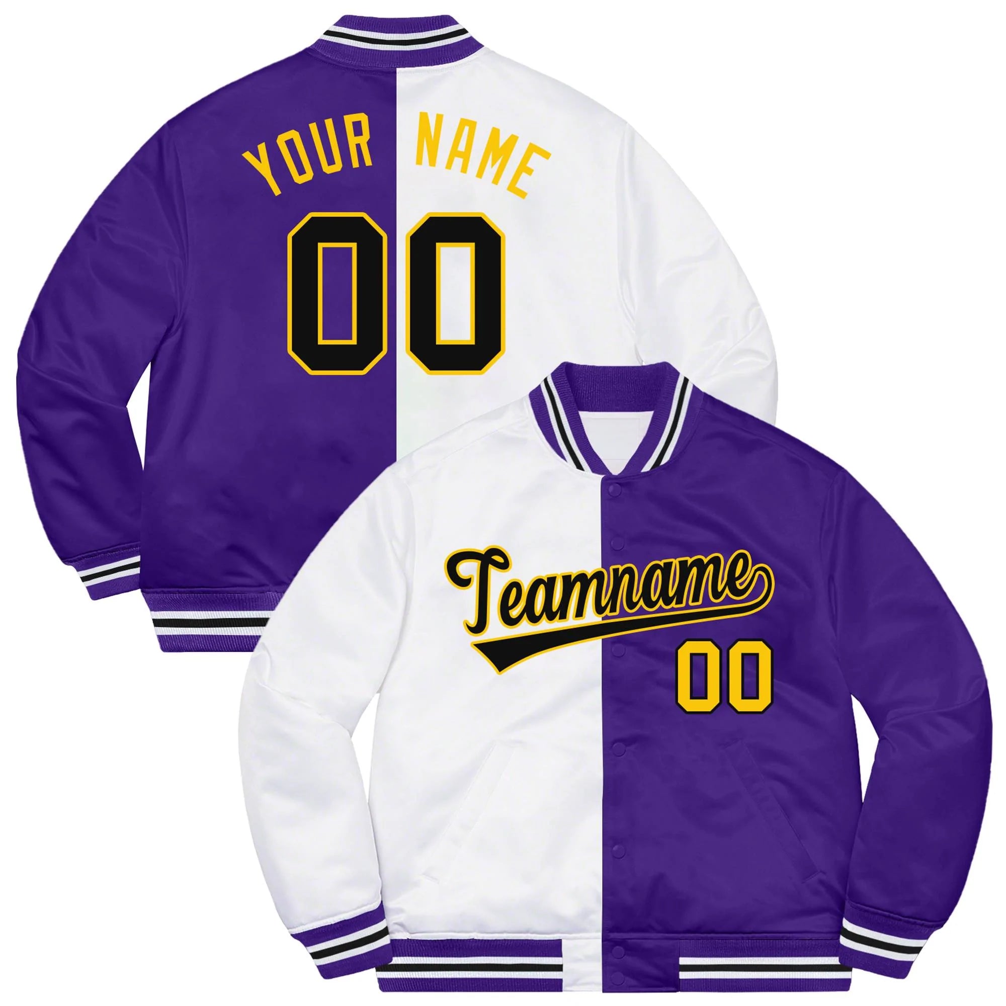 Custom Purple White-Gold Letterman Two Tone Split Fashion Bomber Varsity Jacket