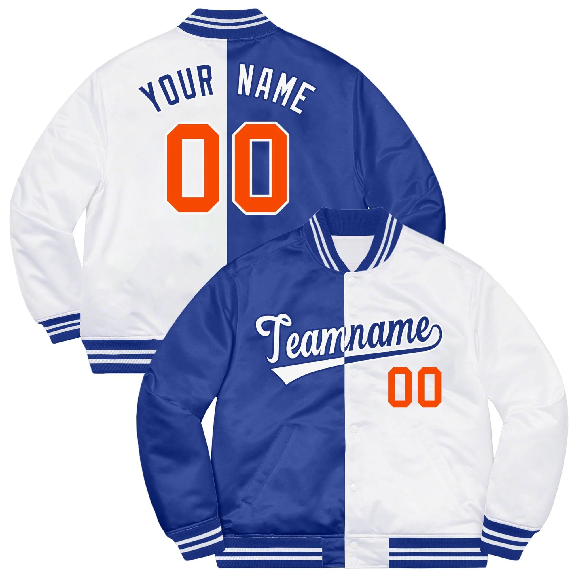 Custom White Royal-Orange Letterman Two Tone Split Fashion Bomber Varsity Jacket