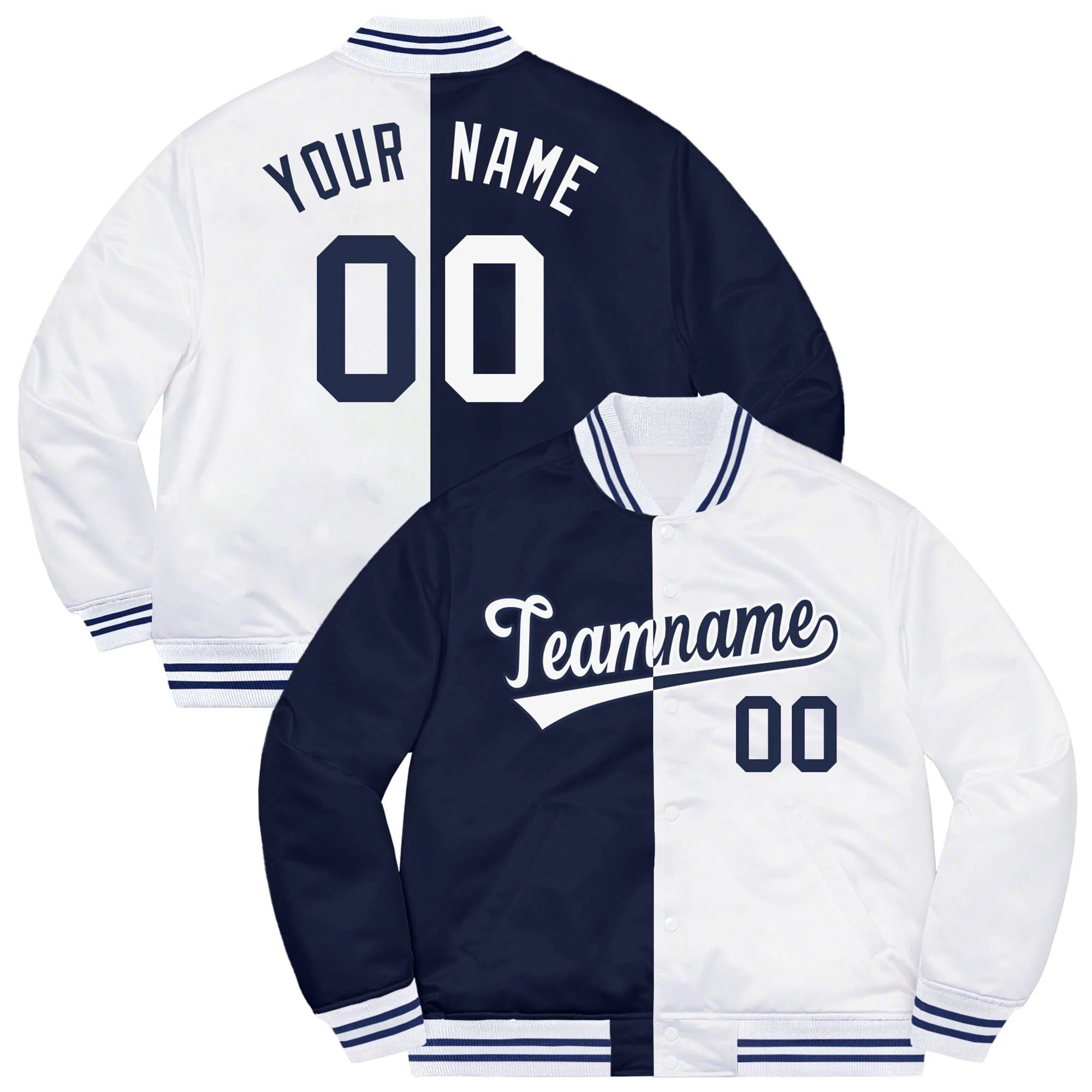 Custom White Navy Letterman Two Tone Split Fashion Bomber Varsity Jacket