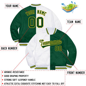 Veste de baseball personnalisée à deux tons vert blanc-or bleu Letterman Split Fashion