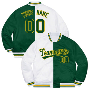 Veste de baseball personnalisée à deux tons vert blanc-or bleu Letterman Split Fashion