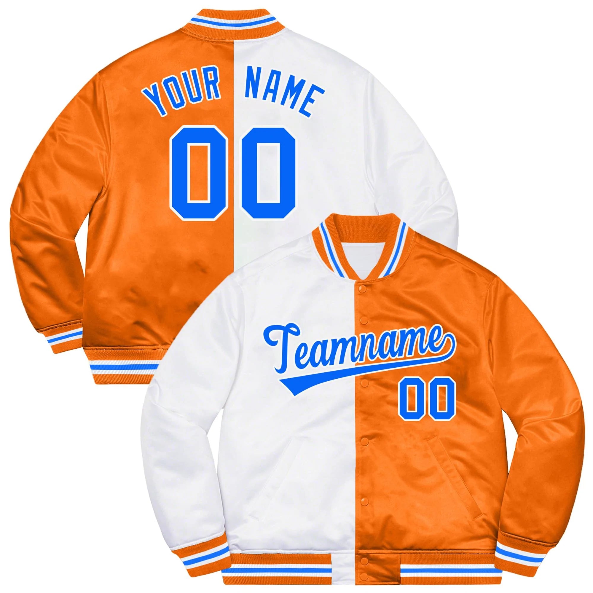 Custom Orange White-Powder Blue Two Tone Split Fashion Varsity Baseball Jacket