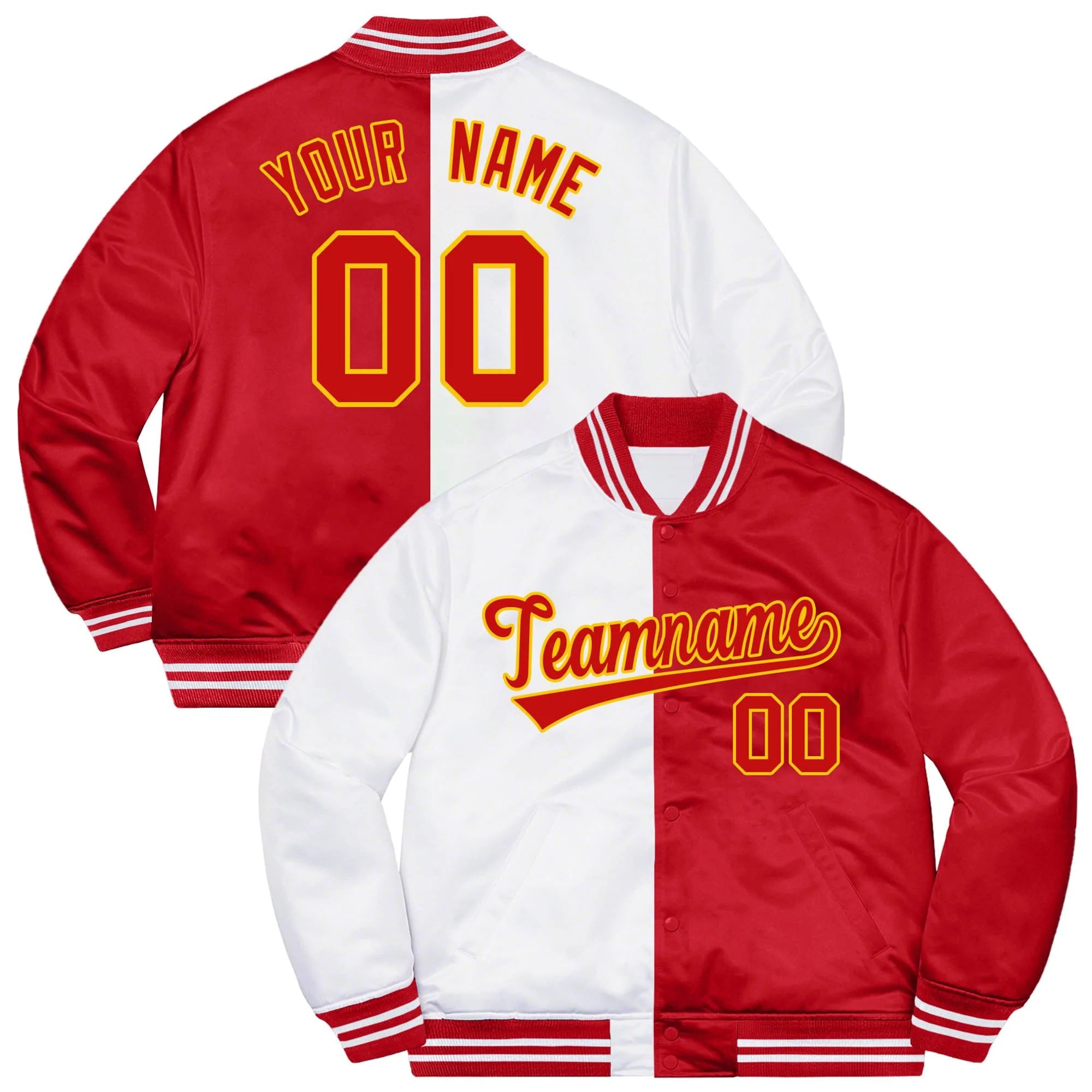 Custom Red White-Gold Letterman Two Tone Split Fashion Bomber Varsity Jacket