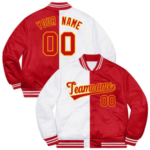 Custom Red White-Gold Letterman Two Tone Split Fashion Bomber Varsity Jacket