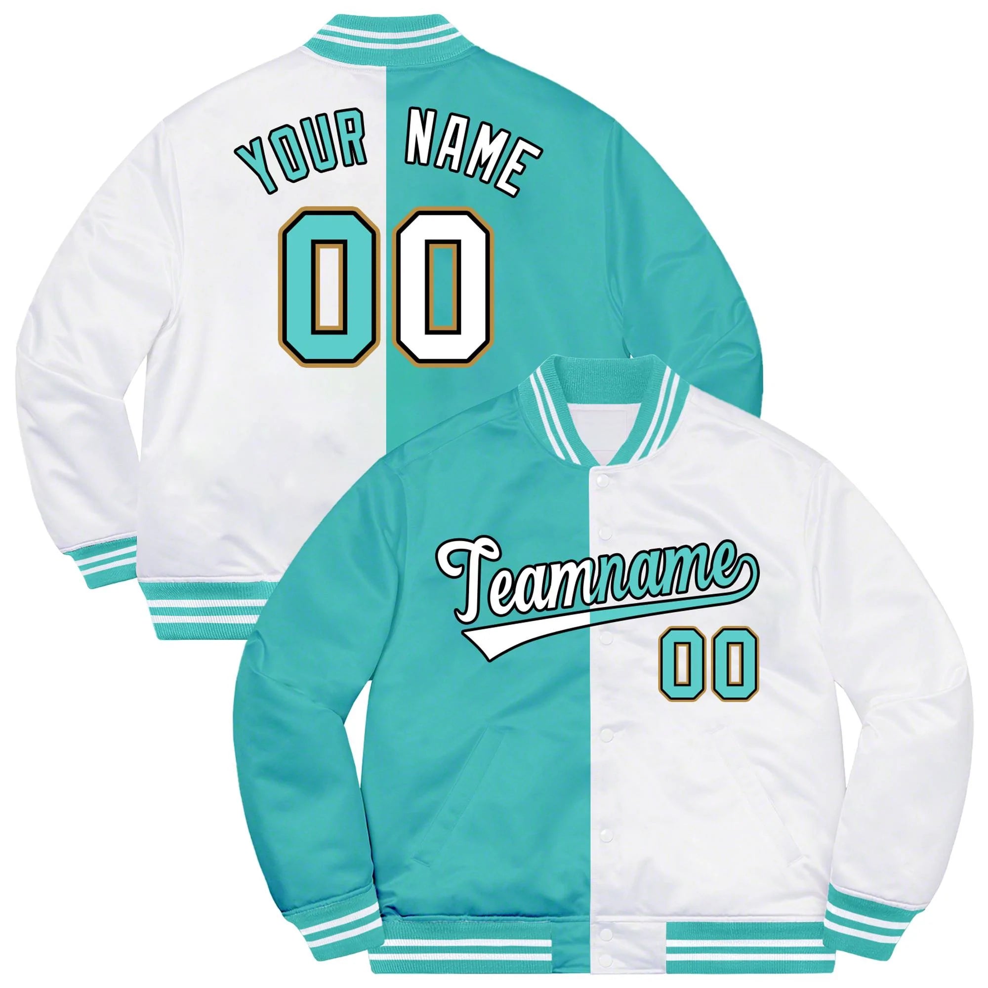 Custom White Aqua-Black Letterman Two Tone Split Fashion Bomber Varsity Jacket