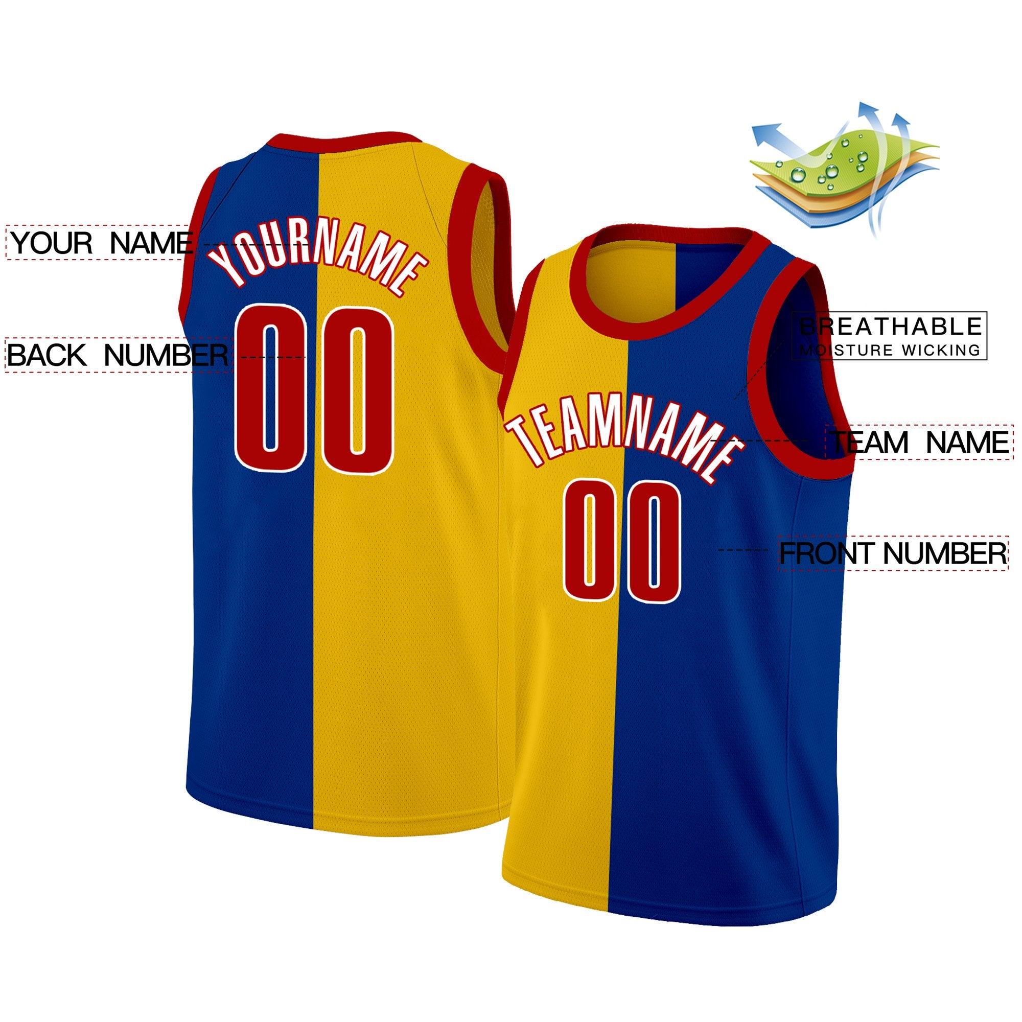 Custom Blue Yellow-Red Split Fashion Tops Basketball Jersey