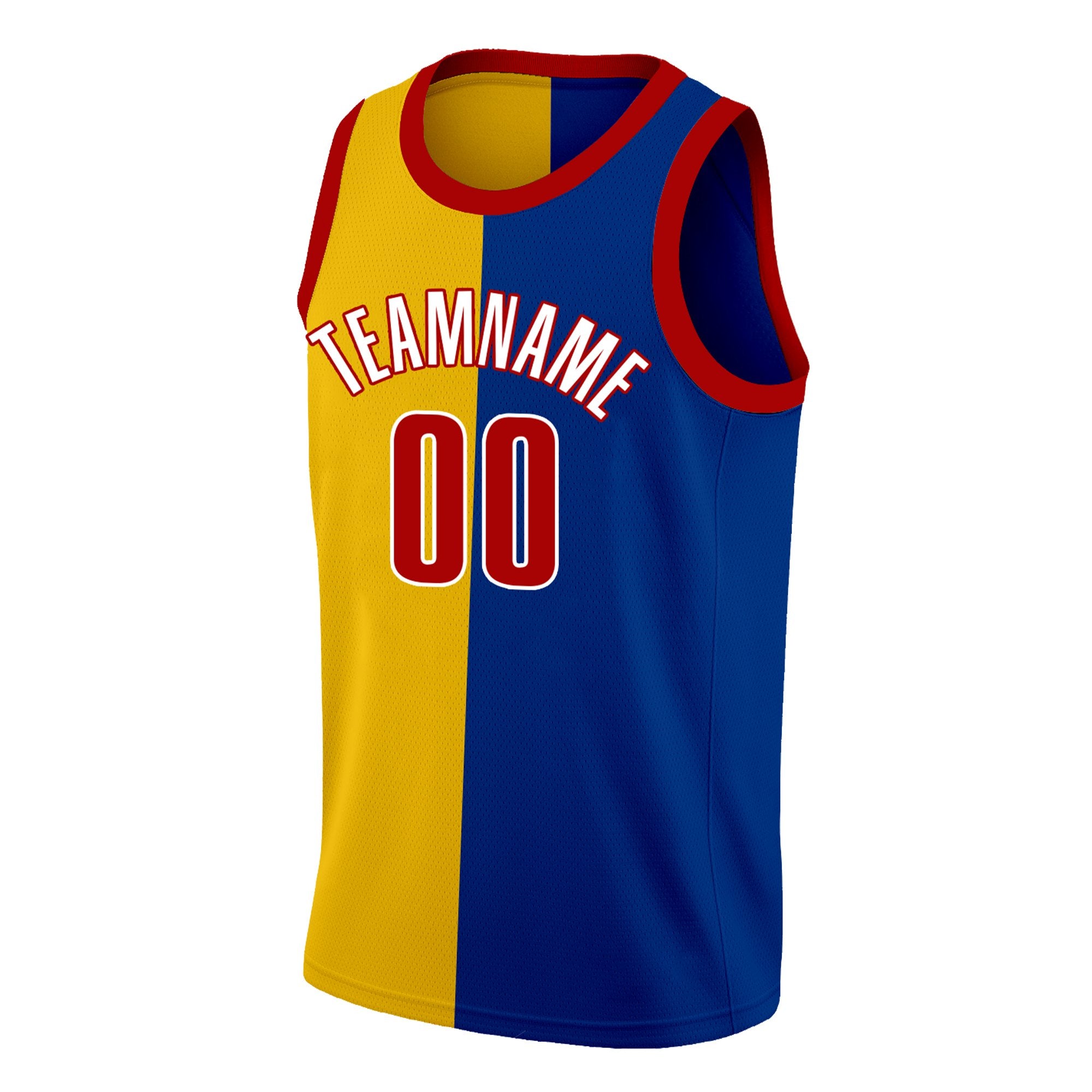 Custom Blue Yellow-Red Split Fashion Tops Basketball Jersey