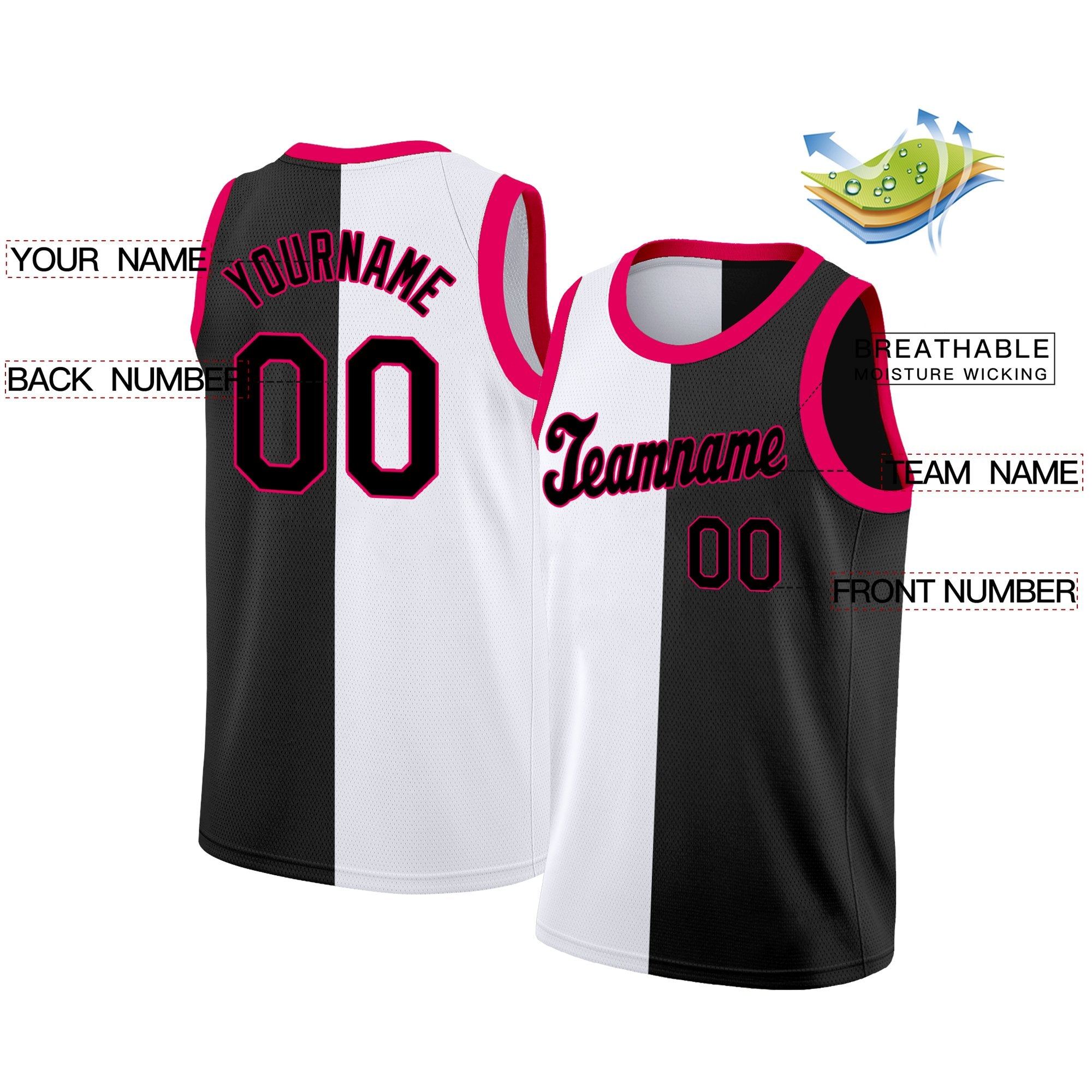 Maillot de basket-ball personnalisé noir blanc-rose, hauts à la mode