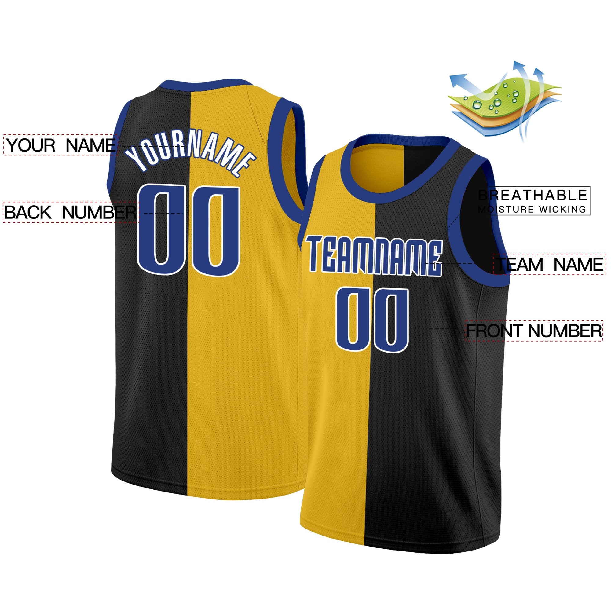 Custom Black Yellow-Navy Split Fashion Tops Basketball Jersey