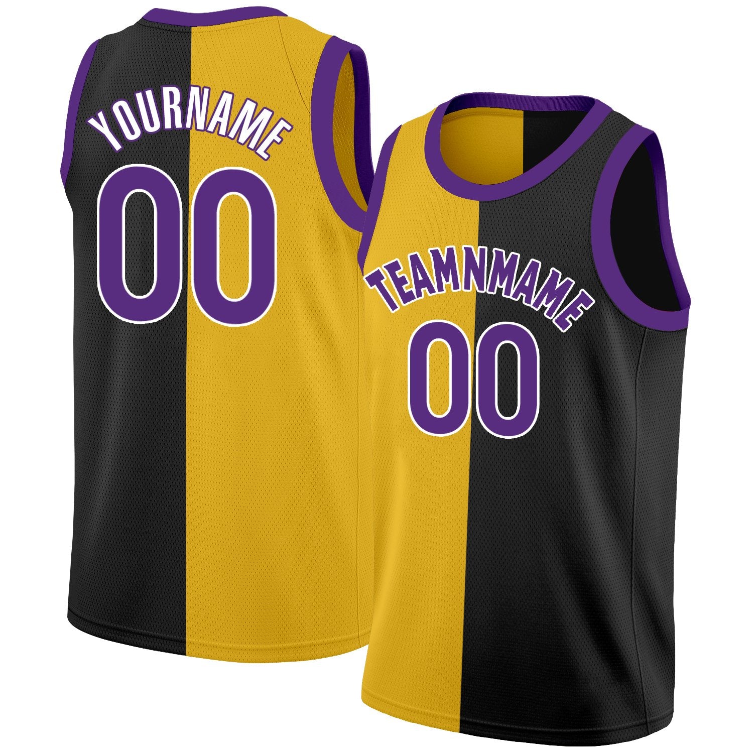 Maillot de basket-ball personnalisé, haut à la mode, noir, jaune-violet, fendu