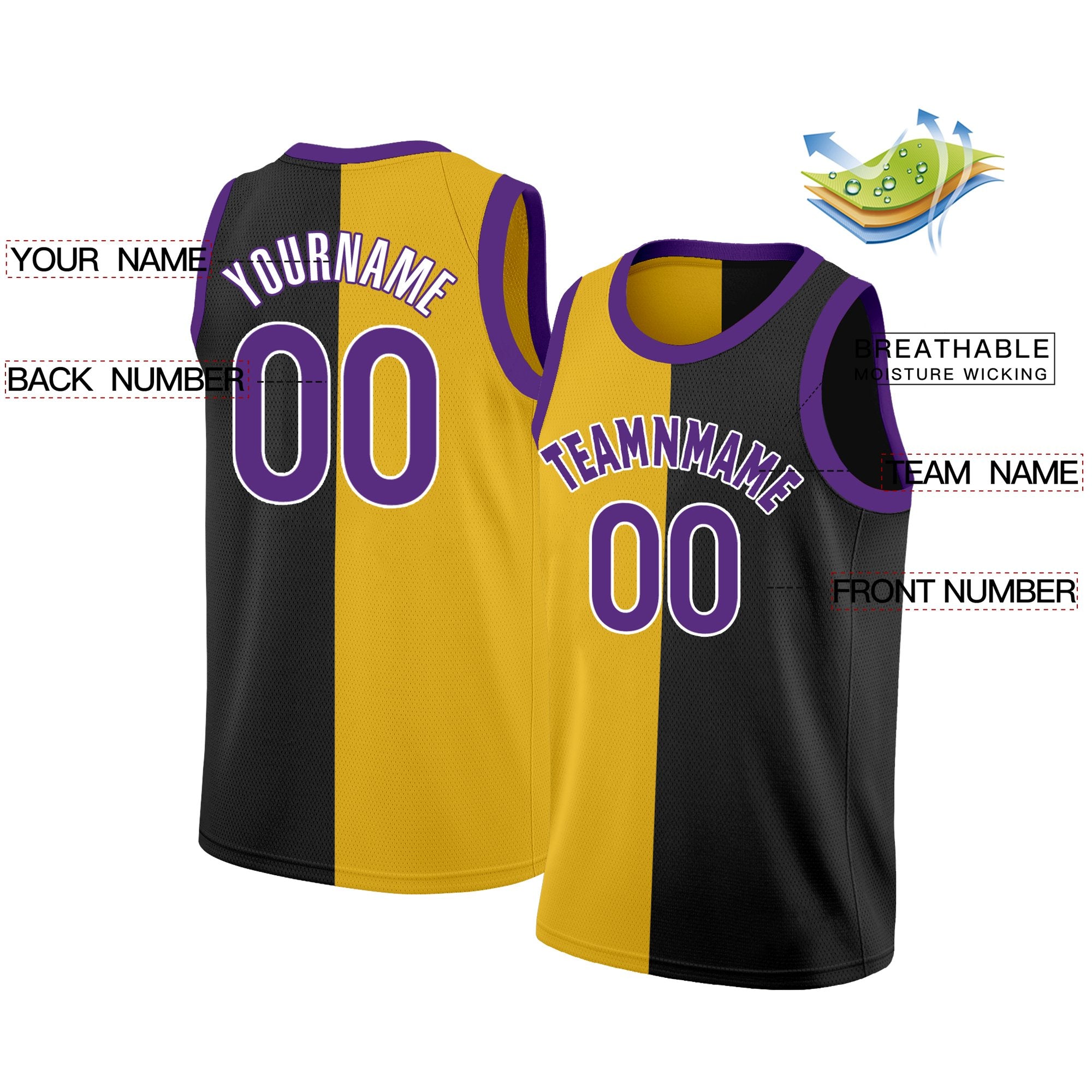 Maillot de basket-ball personnalisé, haut à la mode, noir, jaune-violet, fendu