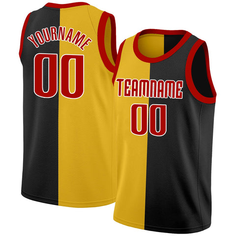 Custom Black Yellow-Red Split Fashion Tops Basketball Jersey