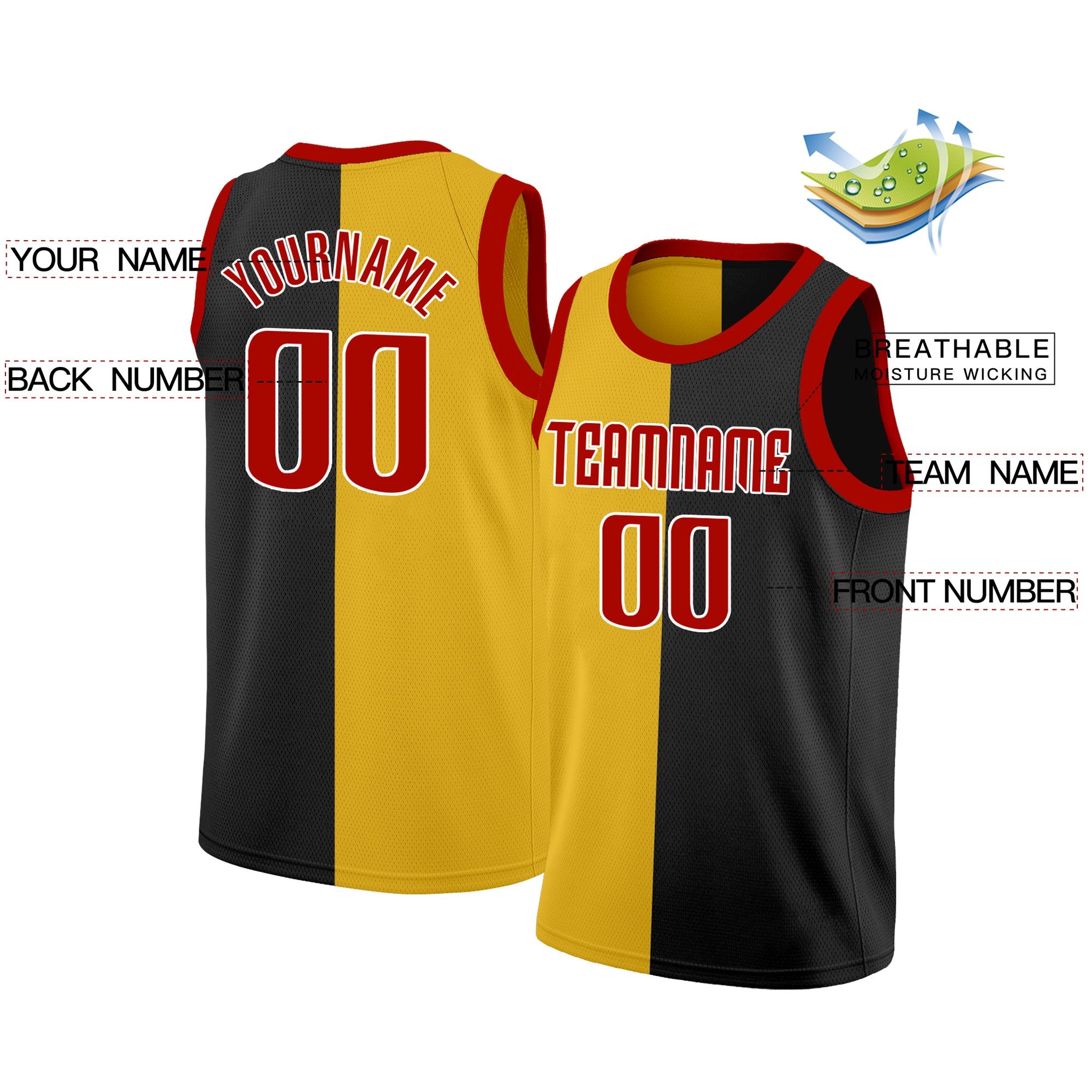 Maillot de basket-ball personnalisé noir jaune-rouge, hauts à la mode