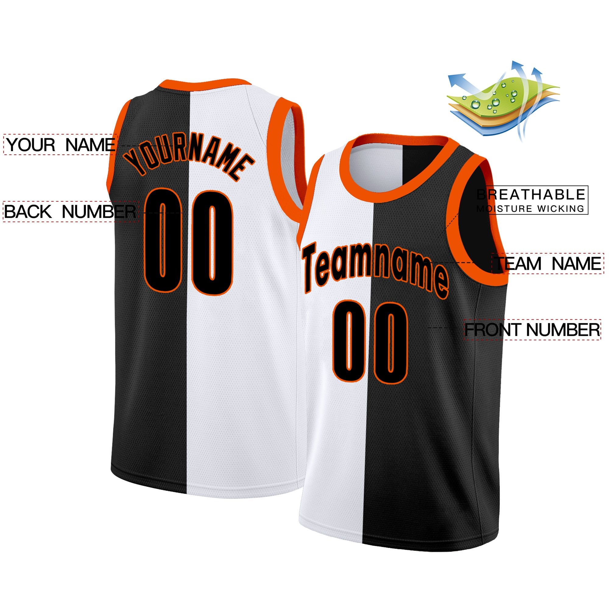 Custom Black White-Orange Split Fashion Tops Basketball Jersey