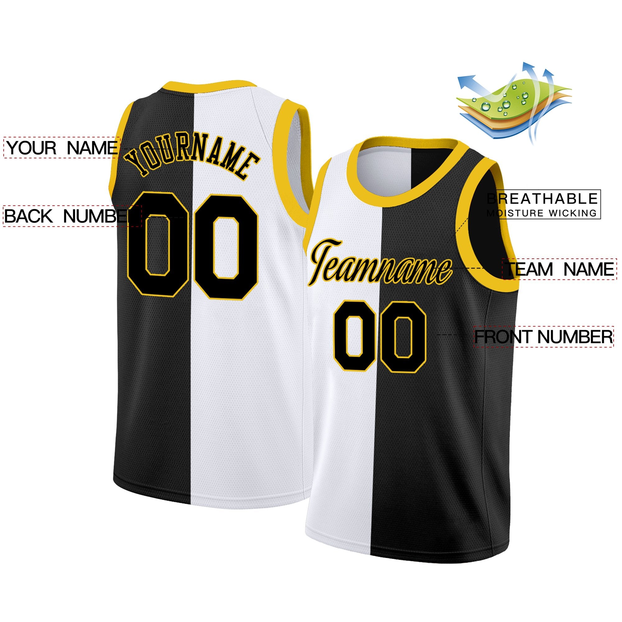 Custom White Black-Yellow Split Fashion Tops Basketball Jersey