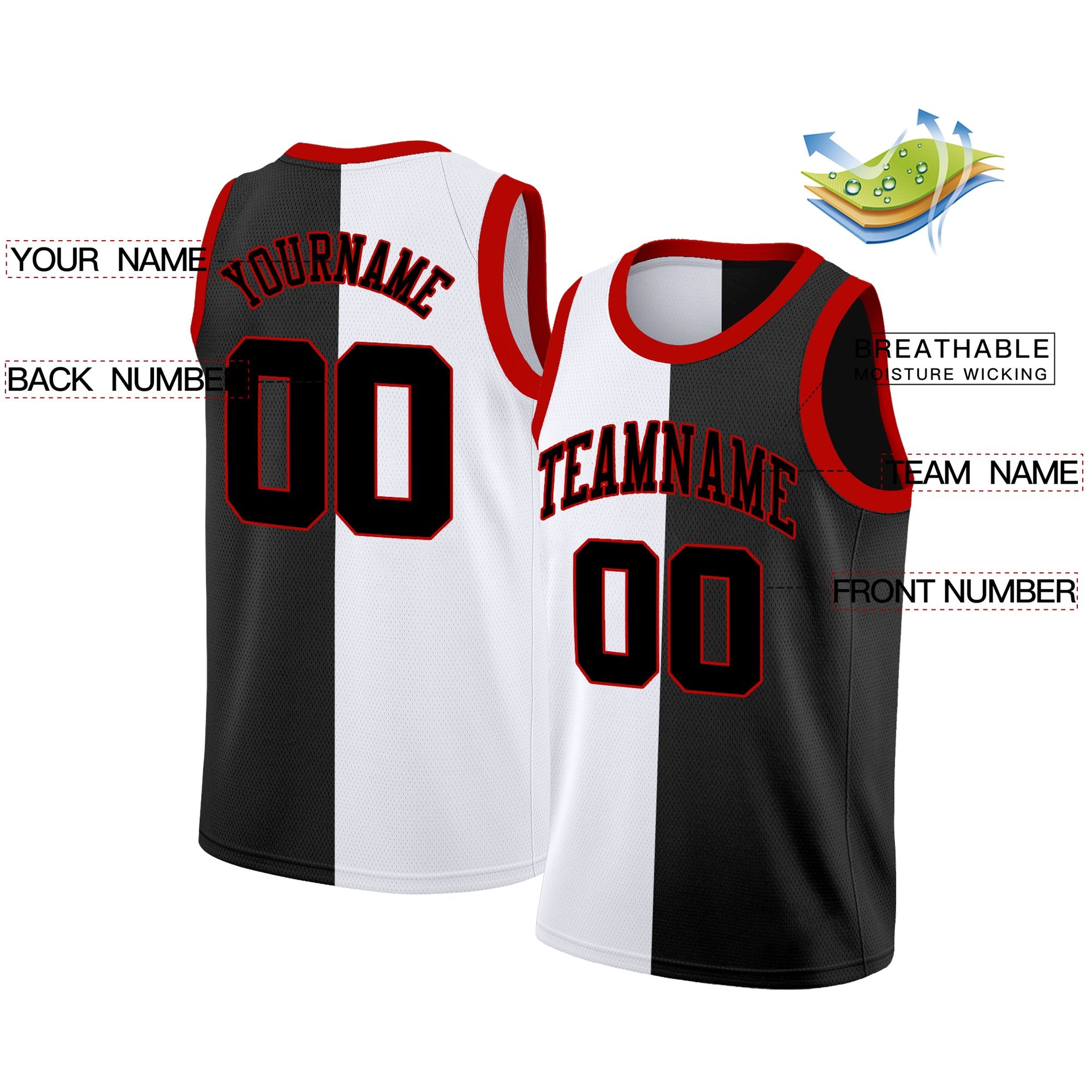 Custom Black White-Red Split Fashion Tops Basketball Jersey