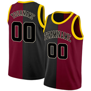 Custom Black Maroon-Yellow Split Fashion Tops Basketball Jersey