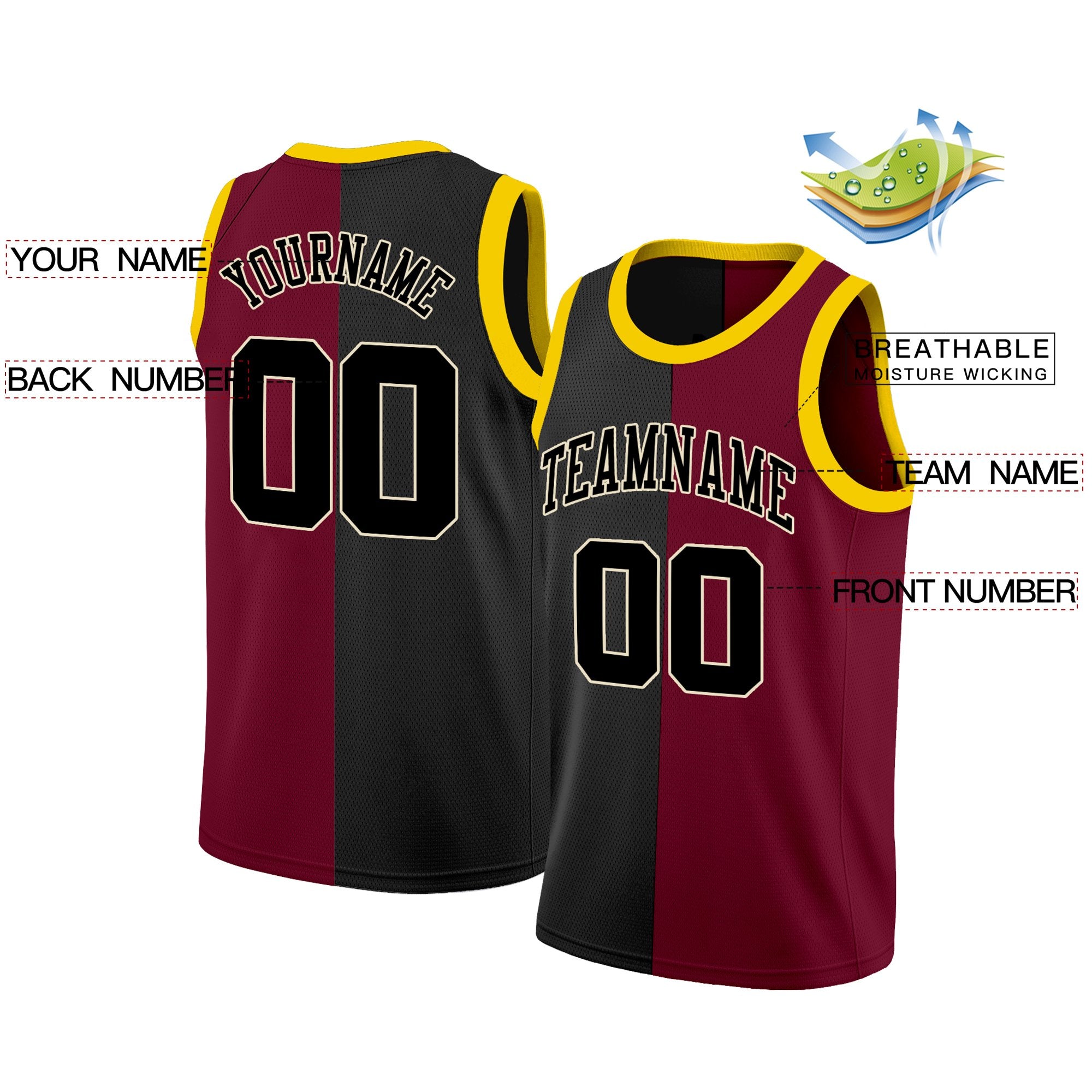 Maillot de basket-ball personnalisé noir marron-jaune, haut à la mode