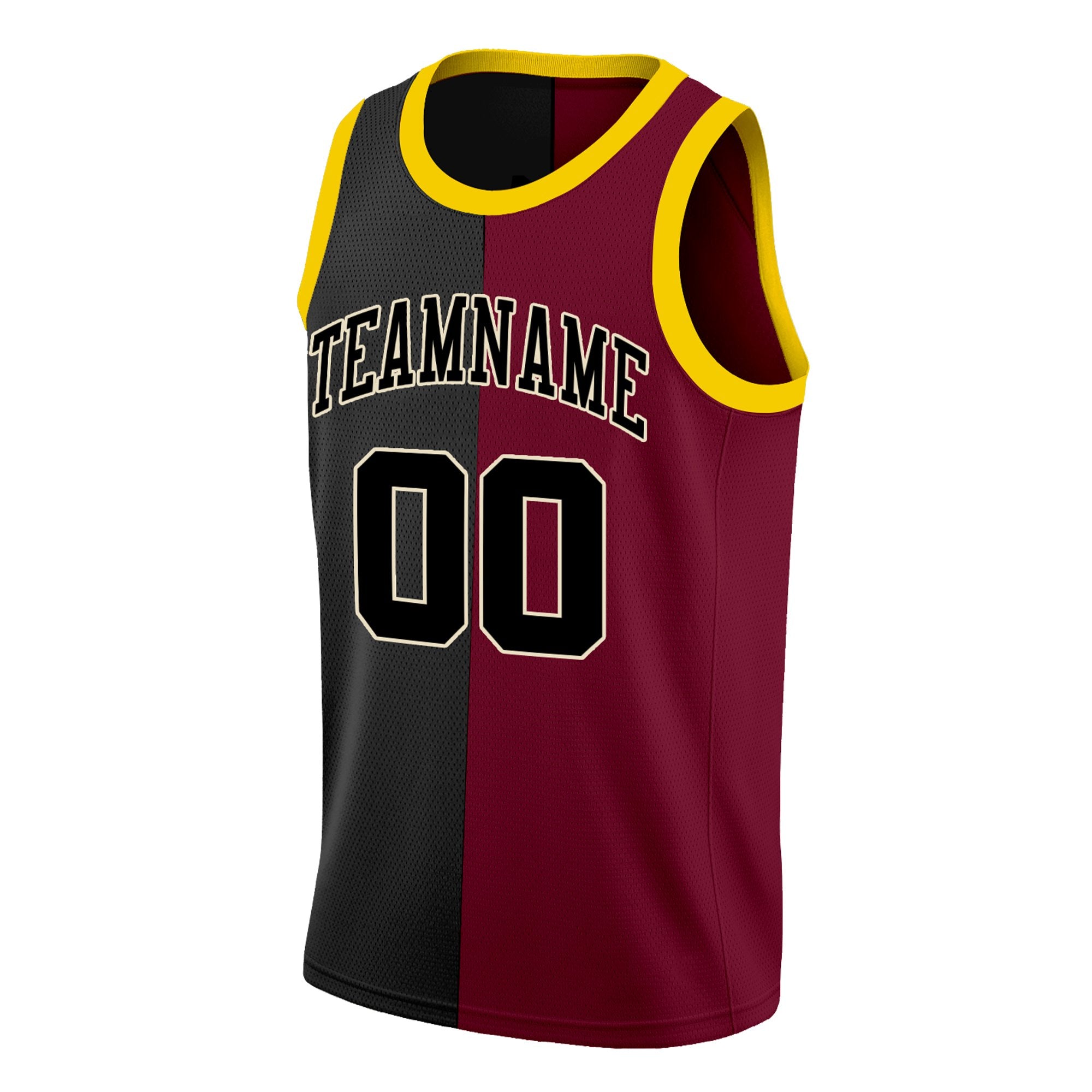 Custom Black Maroon-Yellow Split Fashion Tops Basketball Jersey