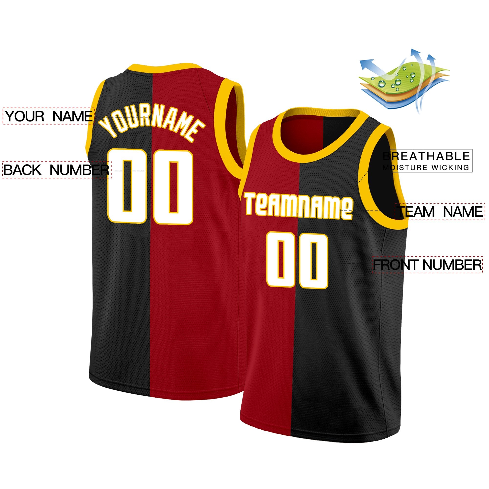 Custom Black Red-White Split Fashion Tops Basketball Jersey