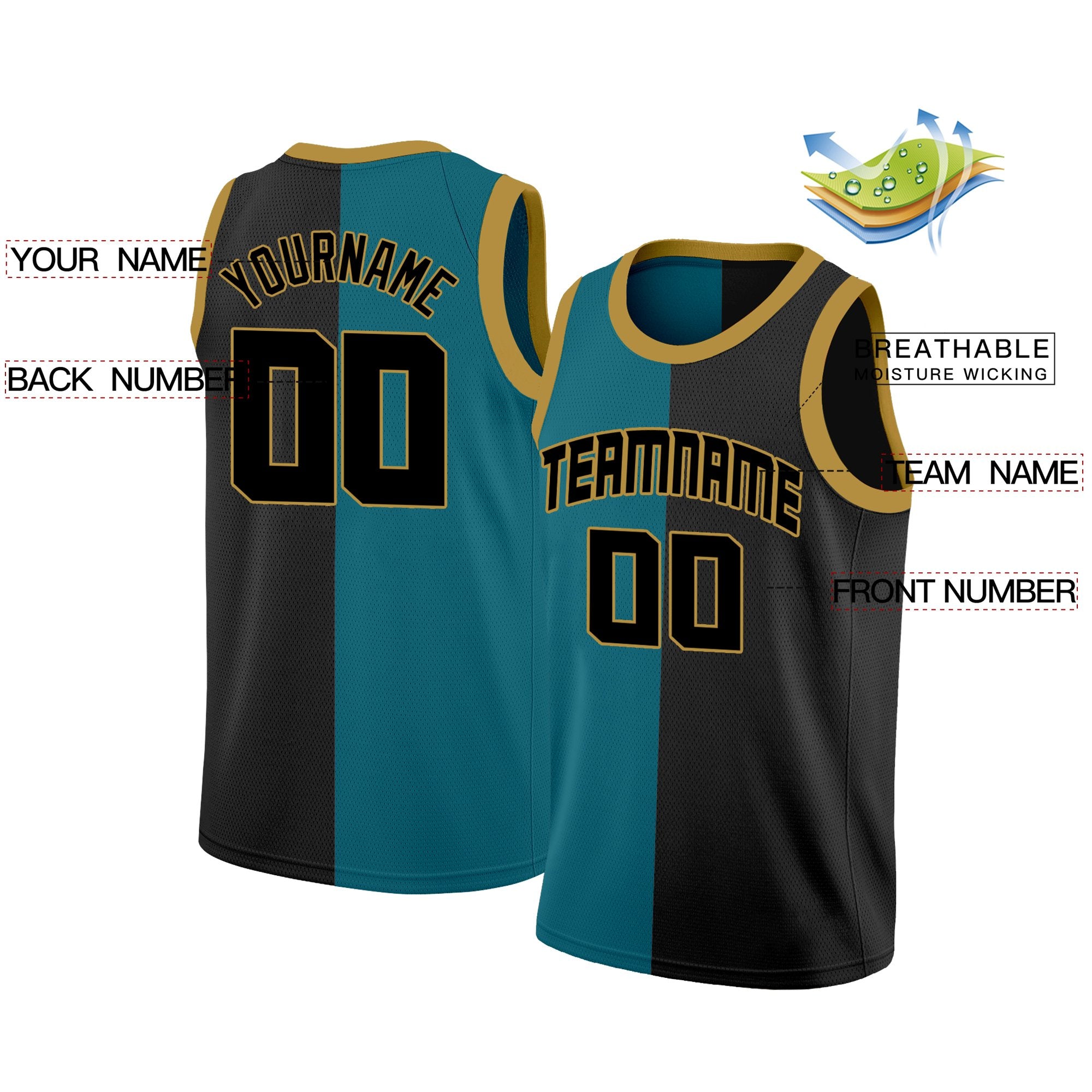 Custom Teal Black Split Fashion Tops Basketball Jersey