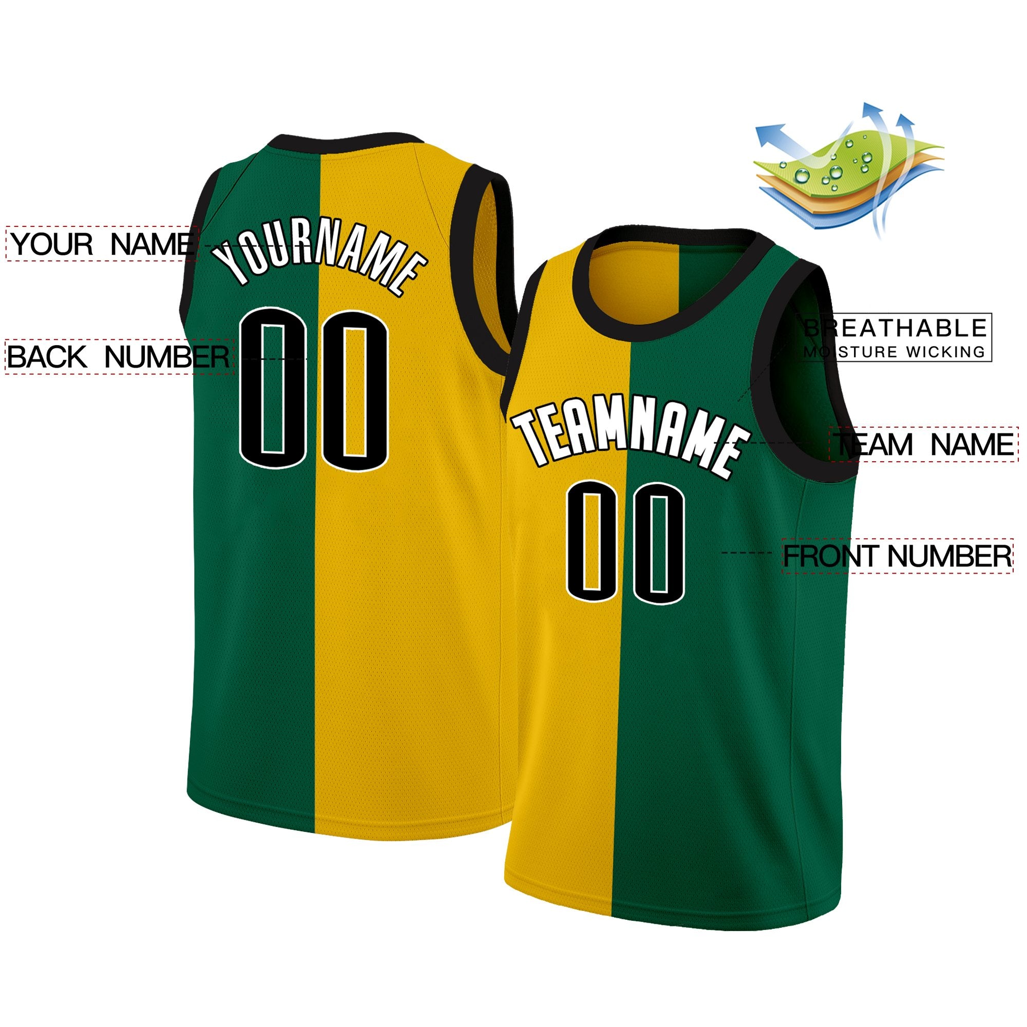 Maillot de basket-ball personnalisé jaune vert-blanc fendu à la mode