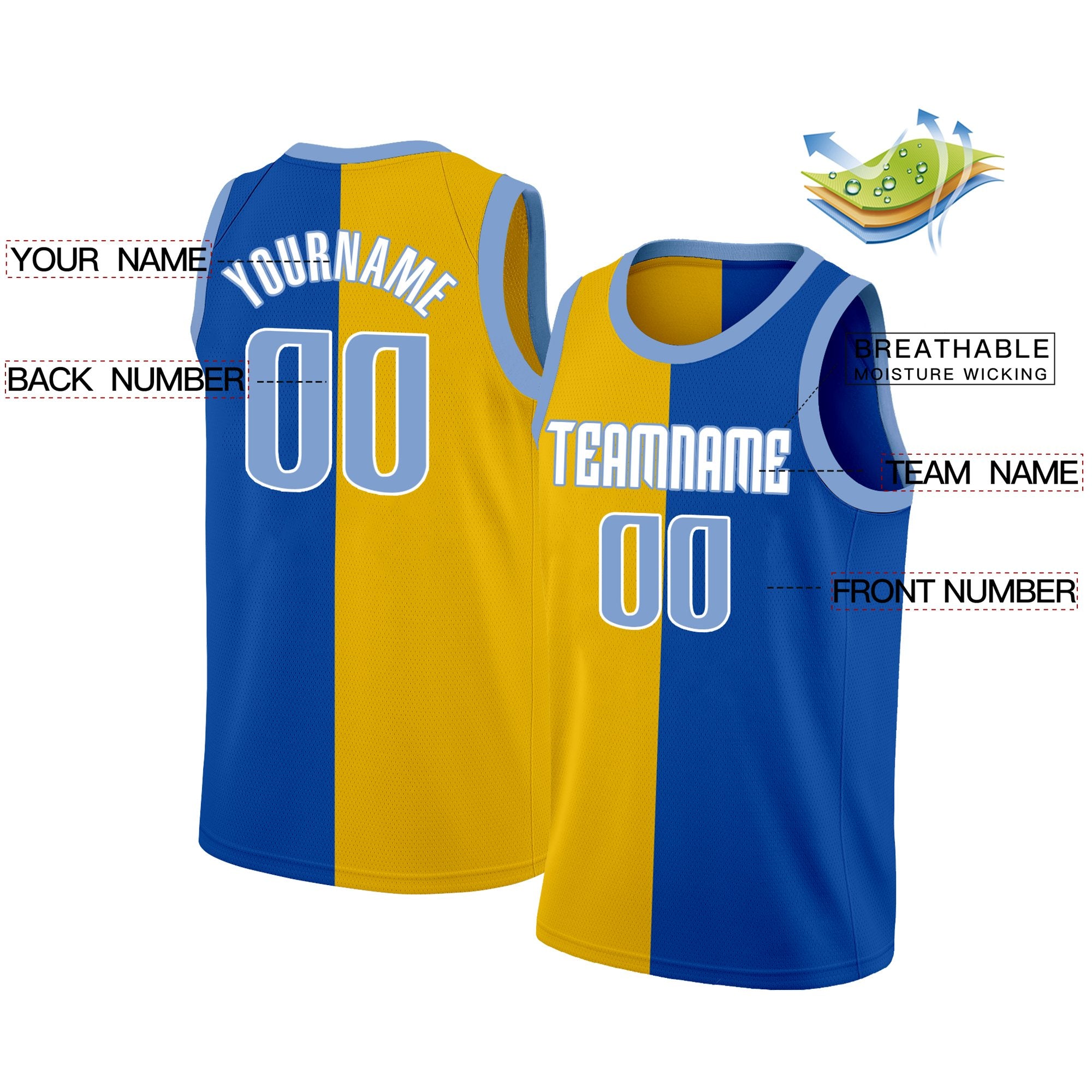 Custom Yellow Blue-White Split Fashion Tops Basketball Jersey