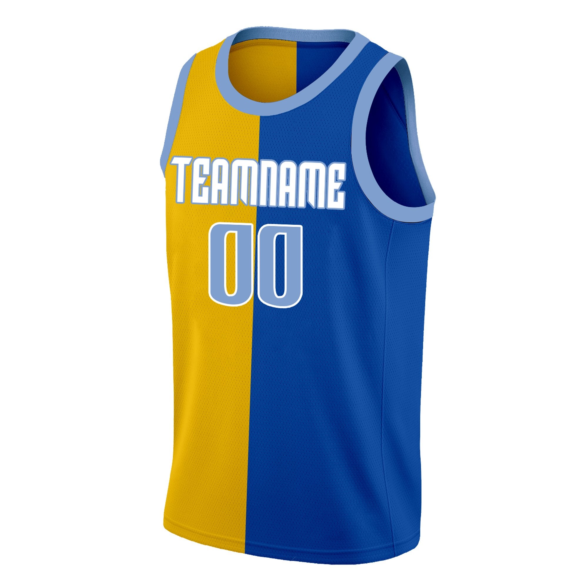 Maillot de basket-ball personnalisé jaune bleu-blanc fendu à la mode