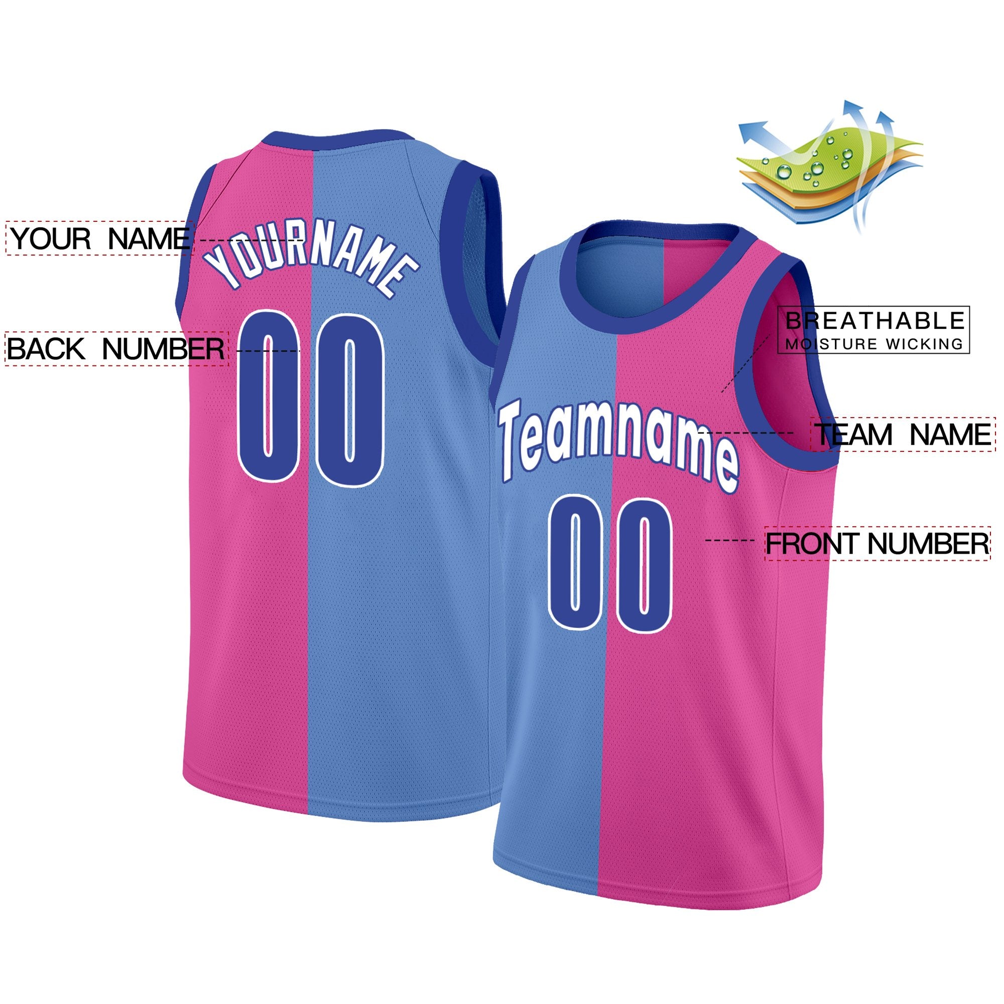 Maillot de basket-ball personnalisé rose bleu fendu à la mode