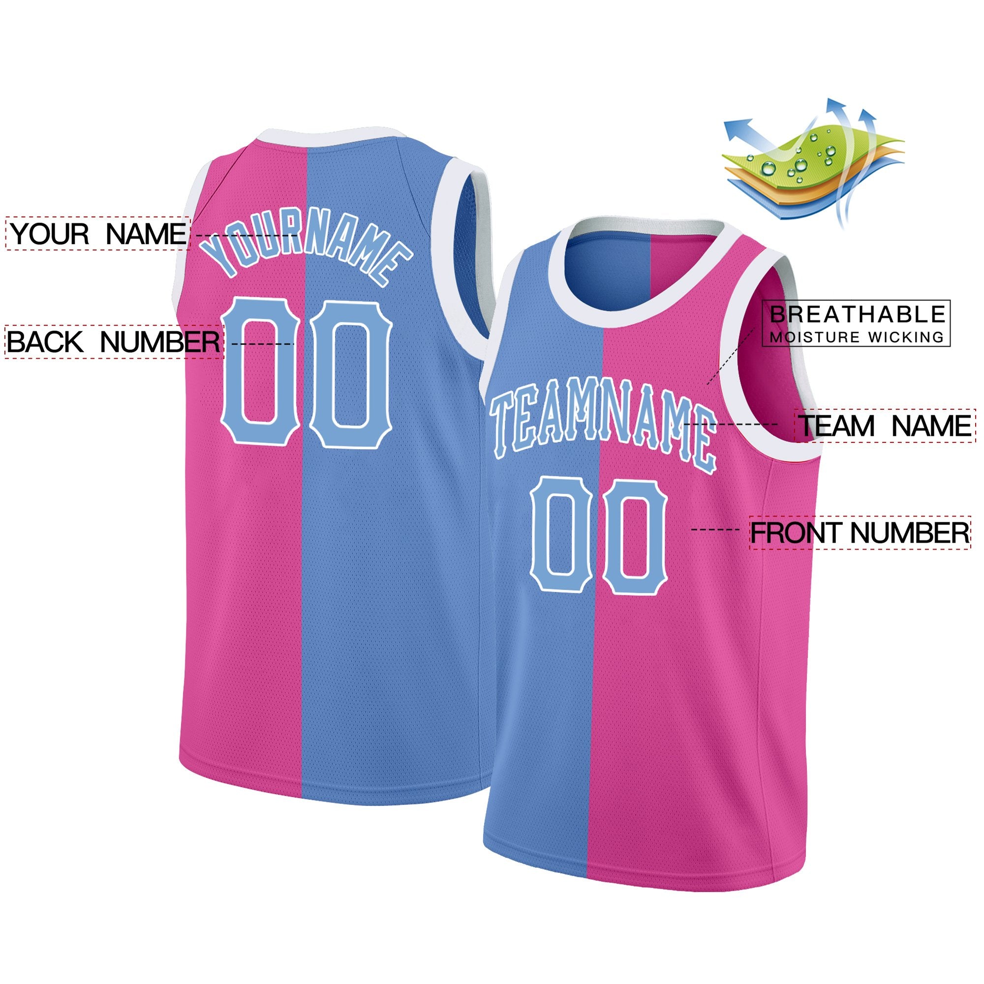 Custom Pink Blue Split Fashion Tops Basketball Jersey