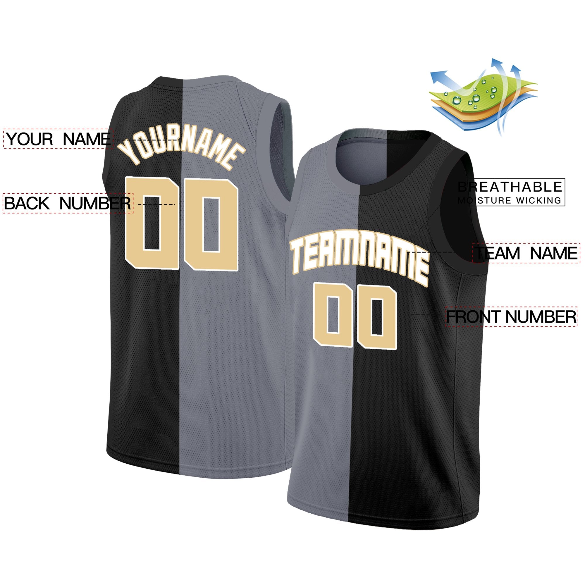 Custom Black Gold-White Split Fashion Tops Basketball Jersey