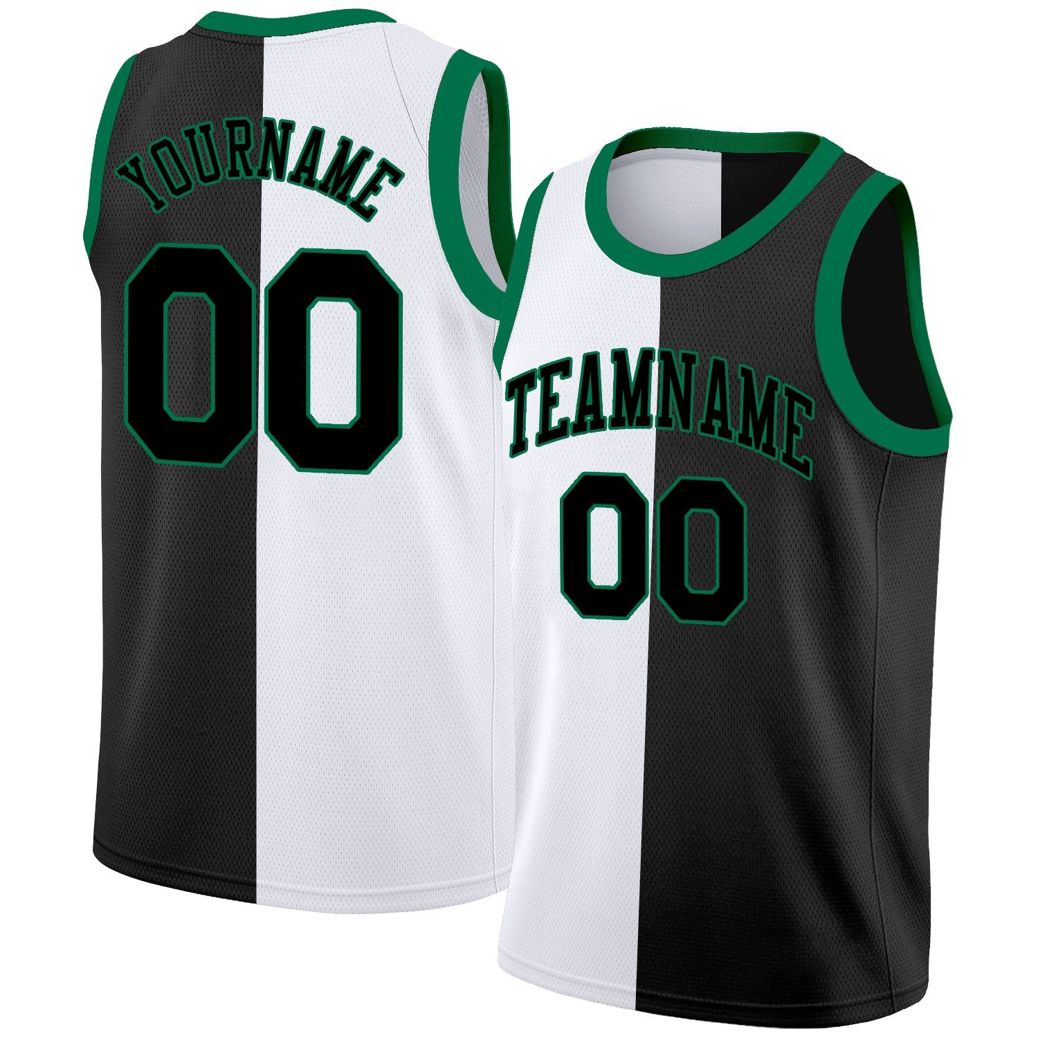 Maillot de basket-ball personnalisé, haut à la mode, noir, blanc, vert, fendu