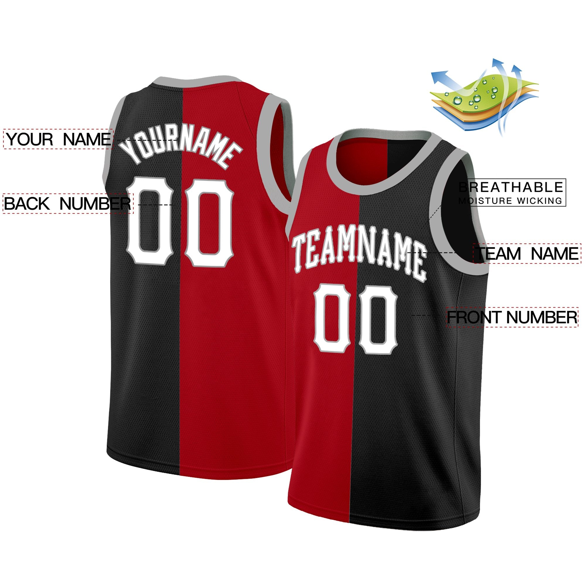 Custom Red Black-White Split Fashion Tops Basketball Jersey