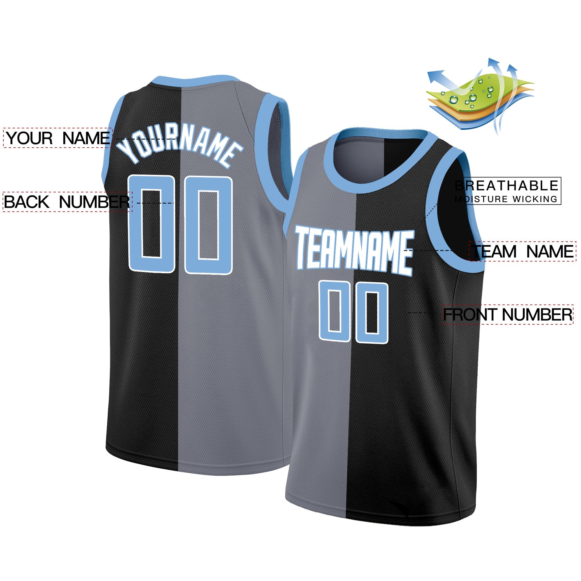 Custom Black Light Blue-White Split Fashion Tops Basketball Jersey