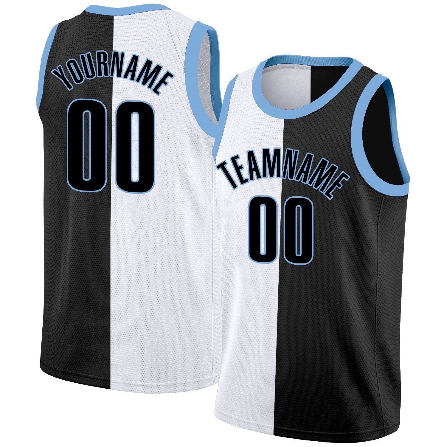 Custom Black White-Blue Split Fashion Tops Basketball Jersey