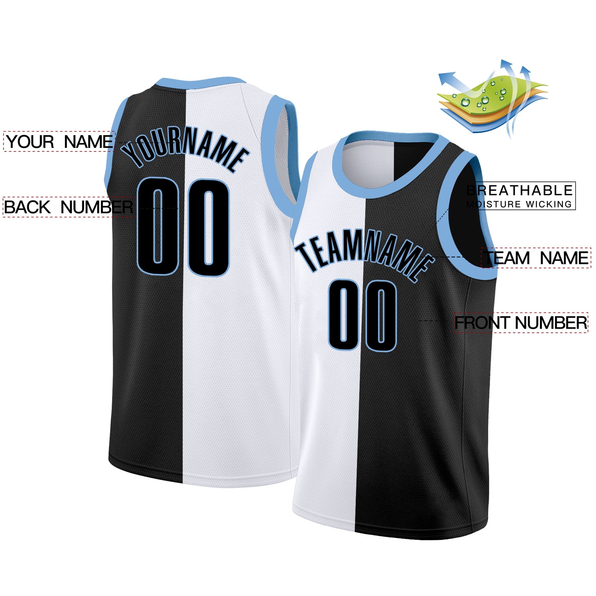 Custom Black White-Blue Split Fashion Tops Basketball Jersey