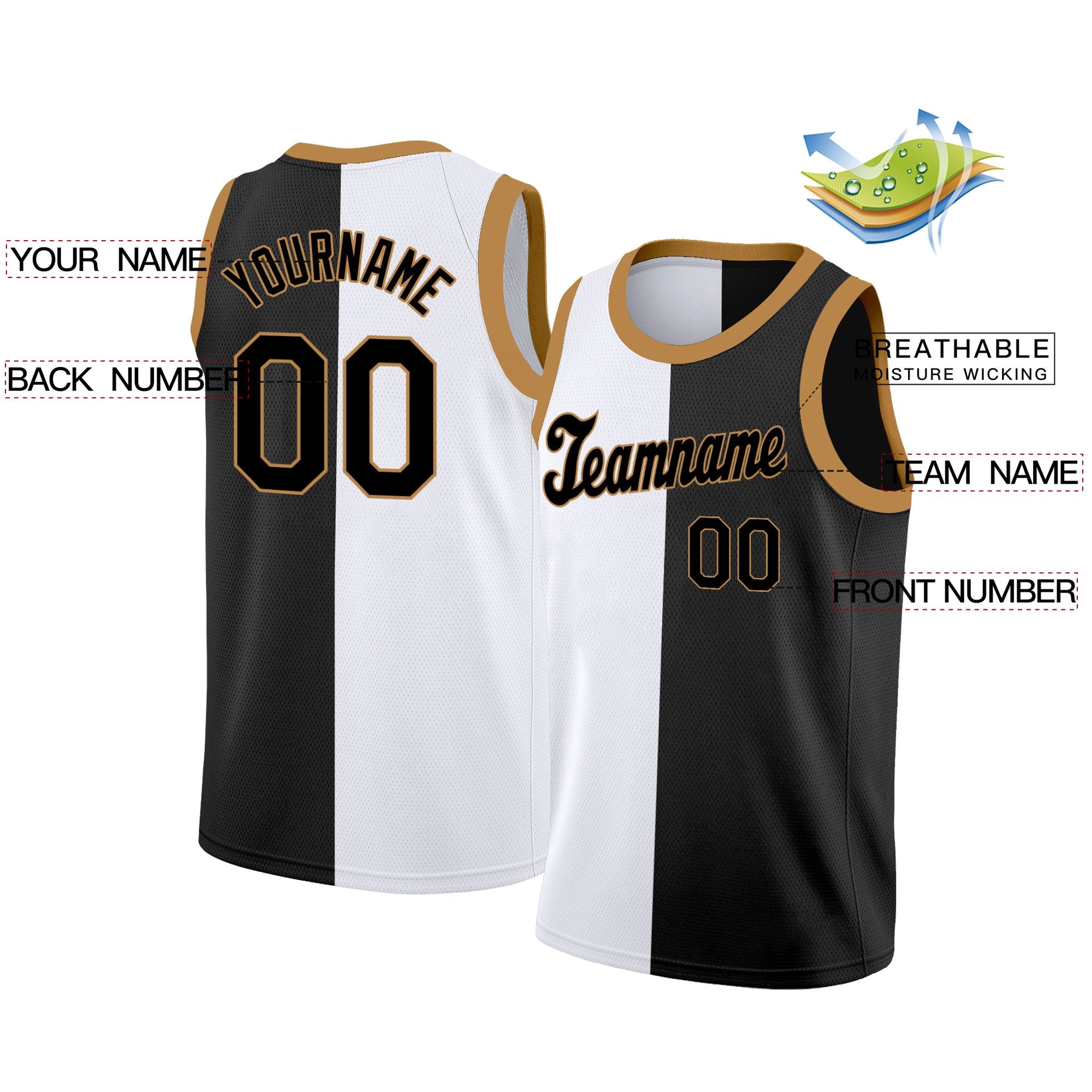 Custom Black White-Brown Split Fashion Tops Basketball Jersey