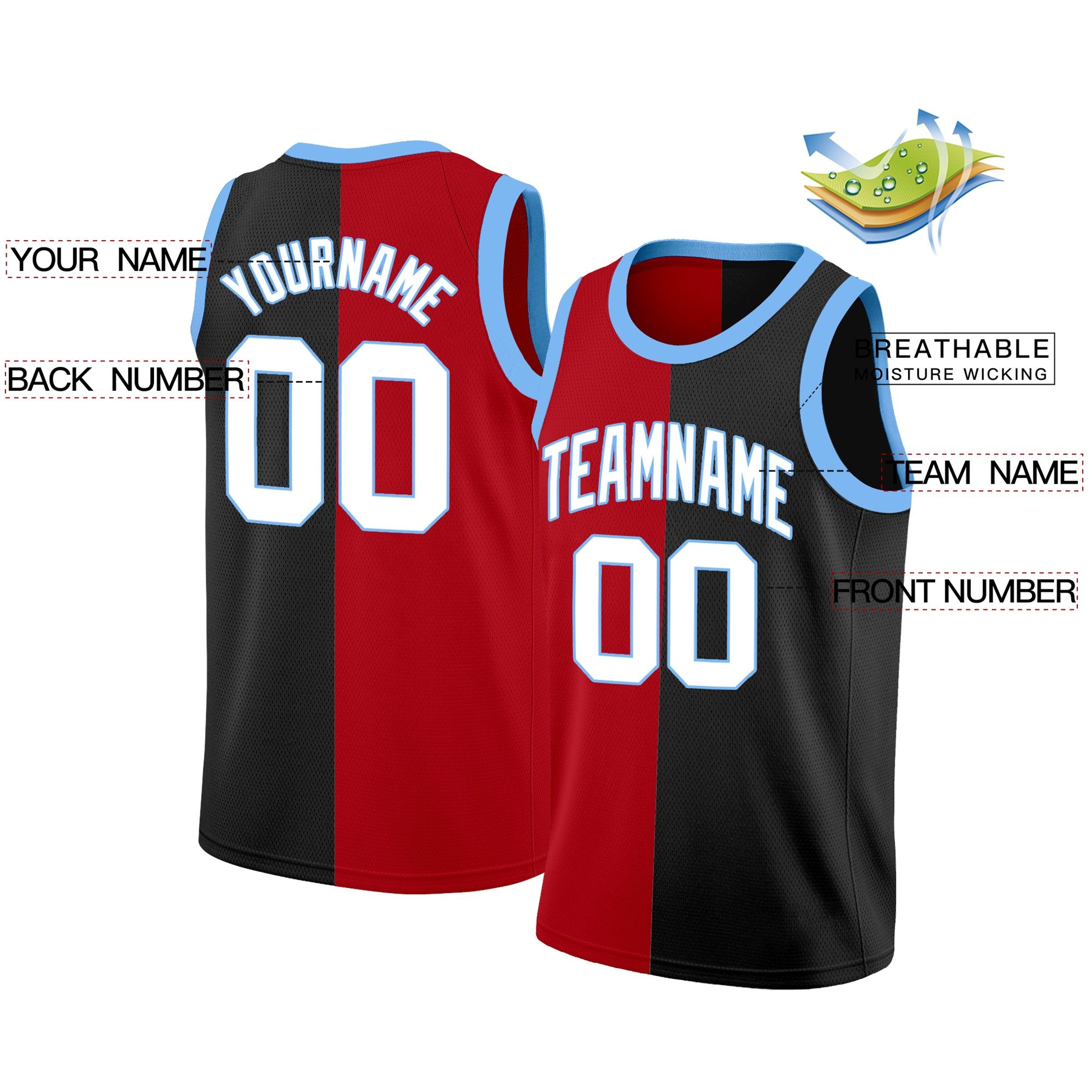 Custom Black Red-Blue Split Fashion Tops Basketball Jersey