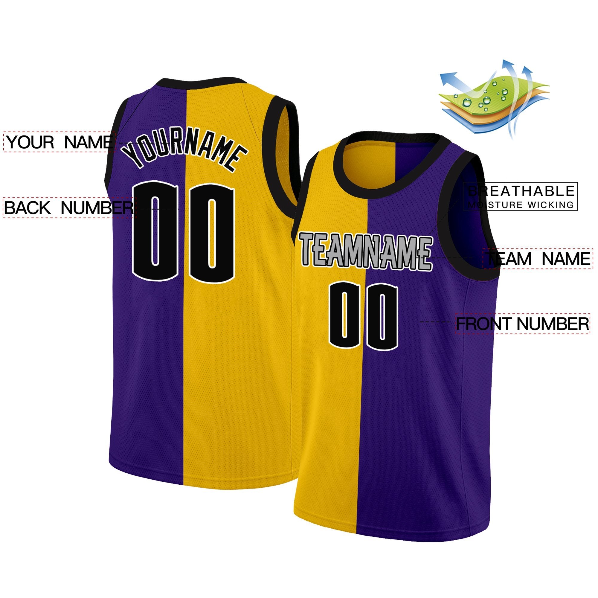 Maillot de basket-ball personnalisé jaune violet-noir, hauts à la mode