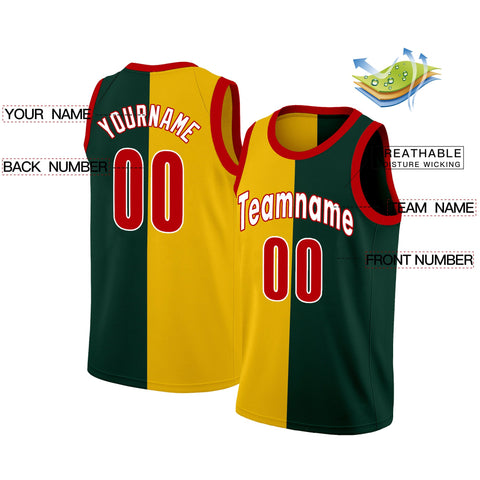 Custom Yellow Green-Red Split Fashion Tops Basketball Jersey