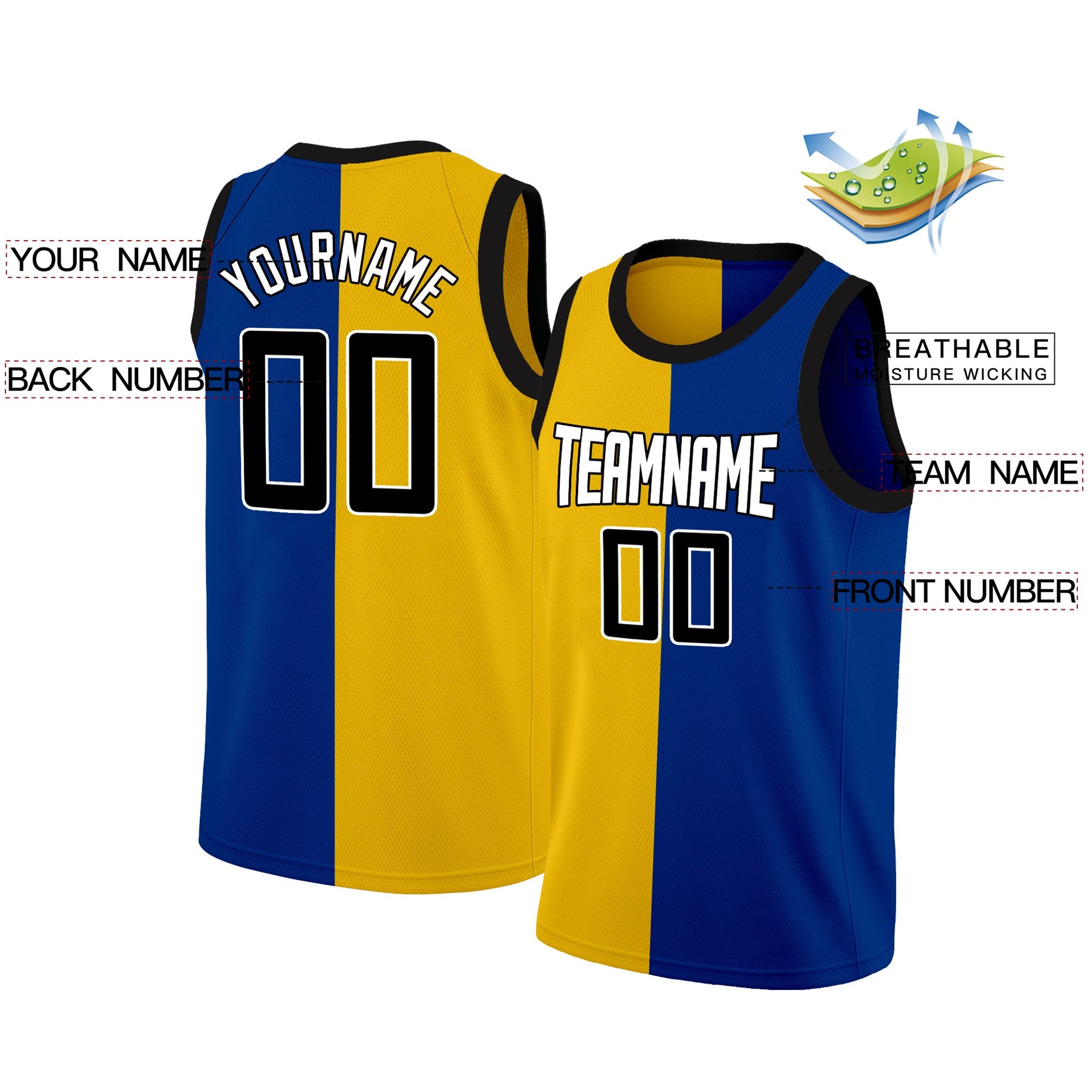 Maillot de basket-ball personnalisé jaune bleu-blanc fendu à la mode